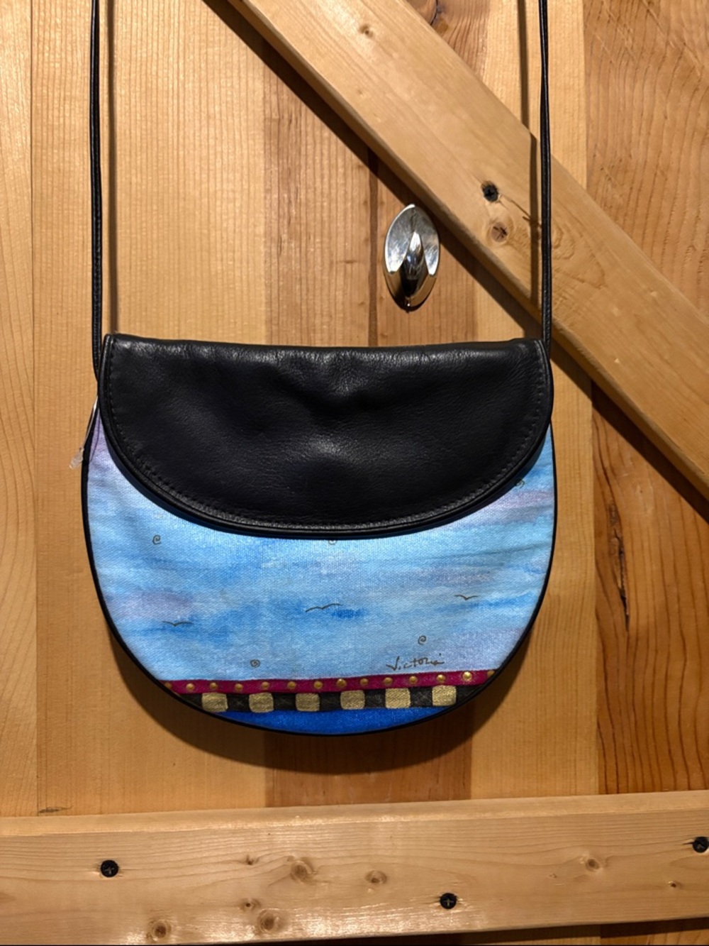 Victoria Bags Hand Painted Black Leather Crossbody Purse